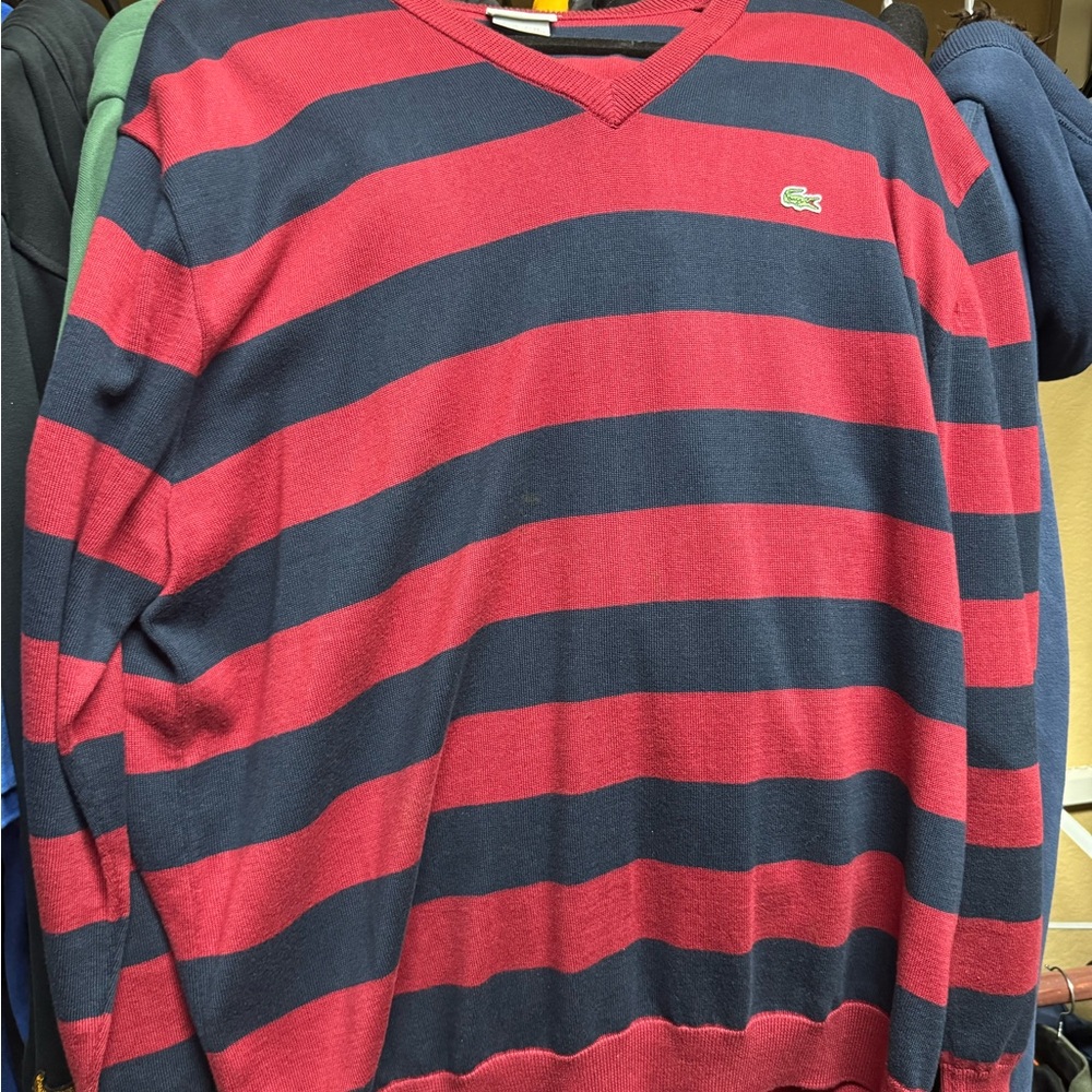 Lacoste Men's V-Neck Sweater in Red and Blue Stripes